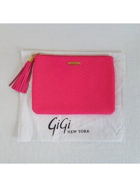 Gigi New York Pink Uber Clutch Python Embossed Leather 10"x7" Dust Bag Handbag